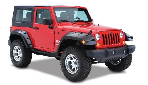 Black Max Coverage Pocket/Rivet Style Smooth Finish Rear Fender Flares With Extended Coverage For 2007-2018 Jeep Wrangler JK 2-Door Bushwacker