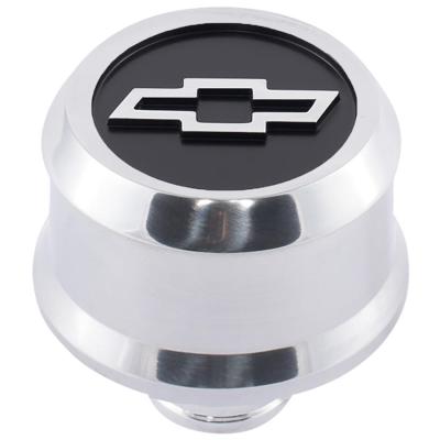 Slant-Edge Aluminum Push-In Air Breather Cap Polished Finish Blackfield Bowtie Emblem Proform