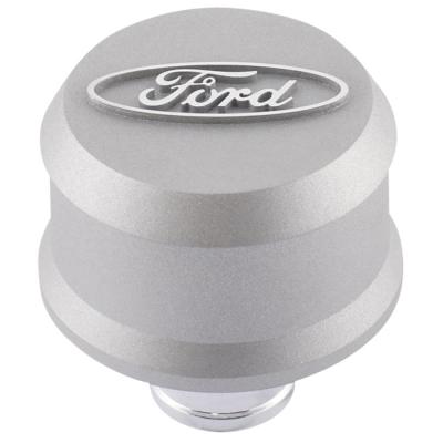 Slant-Edge Aluminum Push-In Air Breather Cap Cast Gray Crinkle Finish Raised Machined Oval Ford Emblem Proform