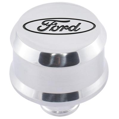 Slant-Edge Aluminum Push-In Air Breather Cap Polished Finish Recessed Black Oval Ford Emblem Proform