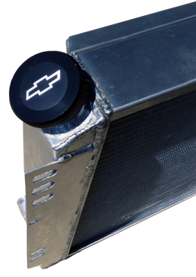 Twist-On RaDiametertor Cap Chevrolet Bowtie Emblem Black Anodized Billet Aluminum Chevrolet Performance Parts