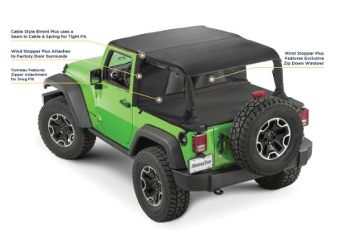 Jeep JK Combo For Soft Top Equipped Cable Style Bimini Top For 07-09 Wrangler JK 2 Door w/s Header WindStopper Plus and Tonneau MasterTop